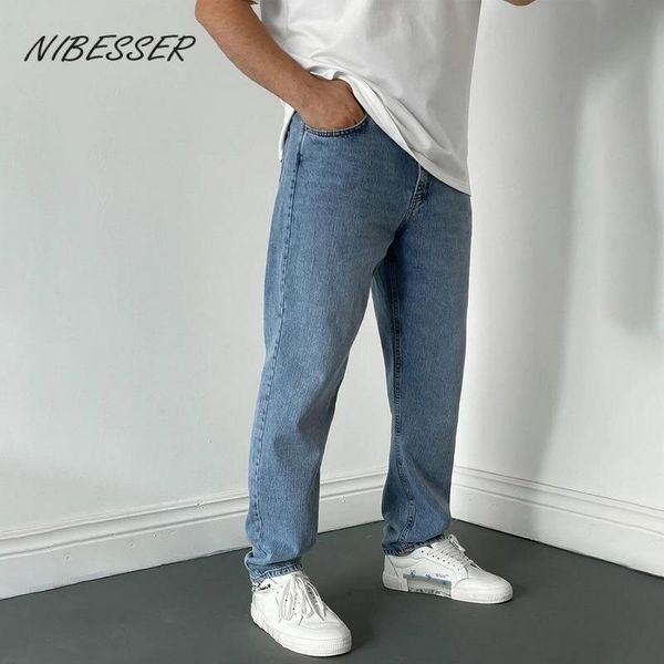 

men's jeans nibesser loose solid men male trousers simple design cozy all-match students daily straight denim pants, Blue