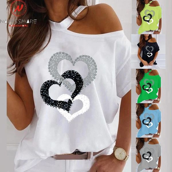 

women's t-shirt fashion women summer casual loose t-shirts hollow out design o-neck short sleeve heart print pullovers tpo for streetwe, White