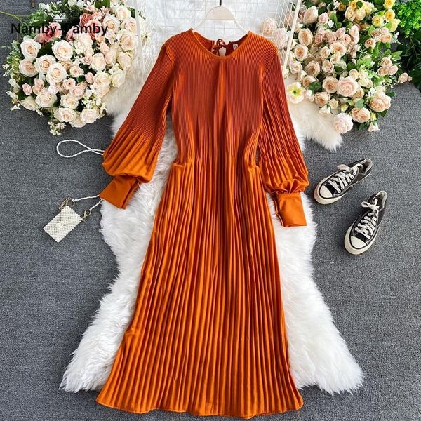 

casual dresses 2021vintage pleated chiffon long dress women solid pink/green/red o-neck draped slim vacation vestidos autumn robe uk434, Black;gray