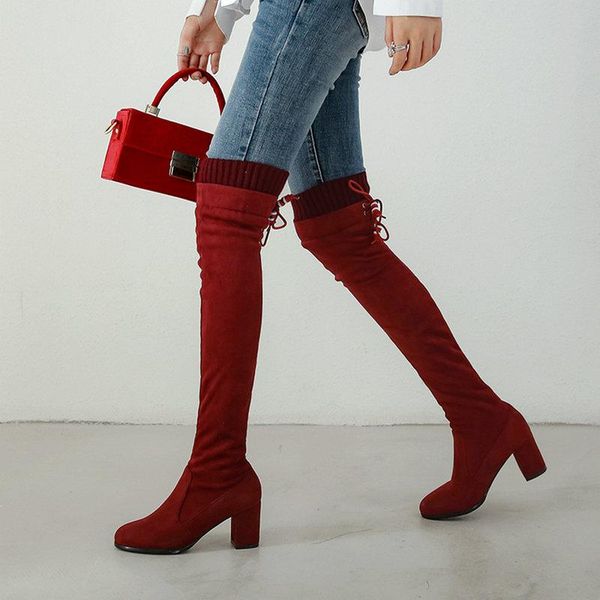 

boots 2021 women winter warm plush over the knee flock square high heel long fashion stretch thigh shoes, Black