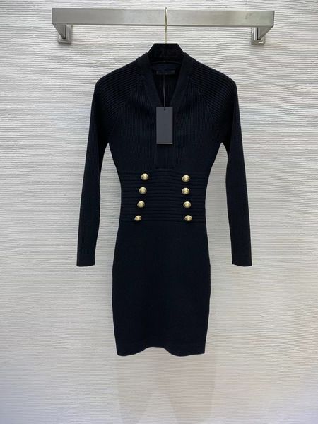 

milan runway dresses 2022 spring v neck long sleeve embroidery designer dress brand same style dress 1127-2, Black