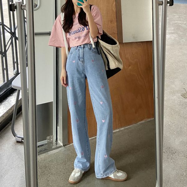 

women's jeans woman breech breeches high waist clothes wide leg denim blue streetwear vintage quality fashion harajuku slacks straight