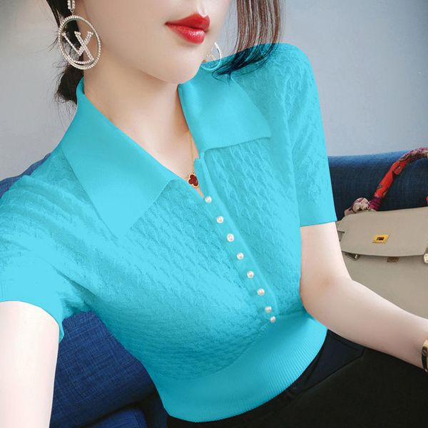 

women's sweaters short sleeve shirt of silk ice mesh, female student mexican slim fit shirt, large size support polo collar, hollow tid, White;black