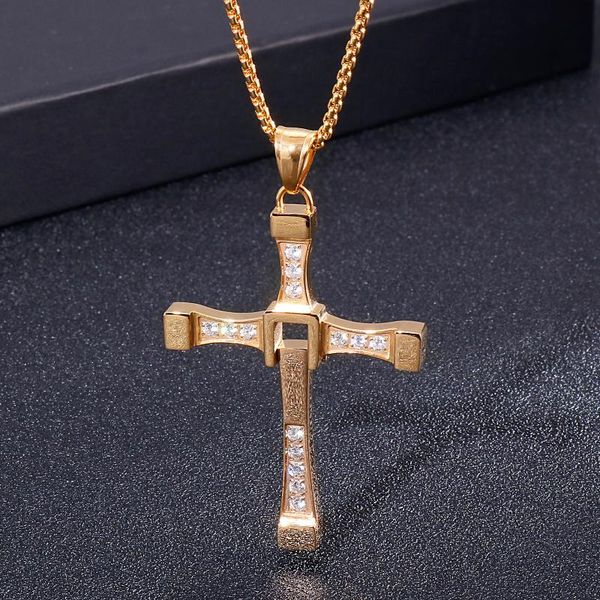 

pendant necklaces jewels store gold polished stainless steel zircon cross men's charm necklace party gift accessory for man js40312-k, Silver