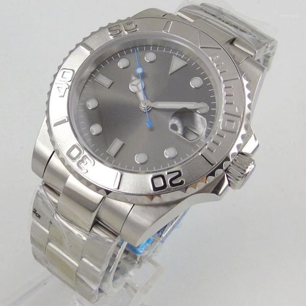 

wristwatches 40mm gray sterile dial business 21 jewels miyota 8215 magnifier clear glass back bezel insert automatic men's watch, Slivery;brown
