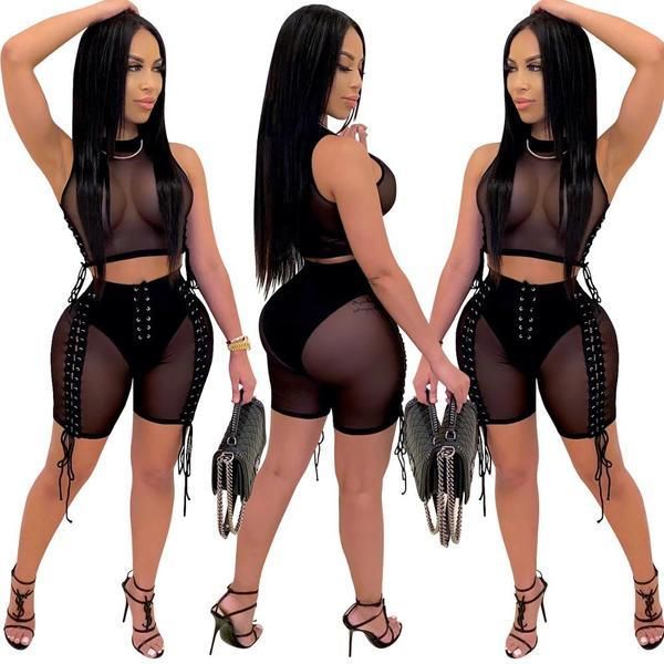 Sexy Frauen Zwei Stück Set Durchsichtig Bandage Hülse Crop Top + Kurze Hosen Party Nacht Clubwear Outfit Anzug Für Frauen y0625