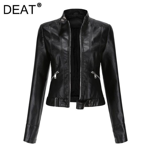 

women's leather & faux [deat] 2021 autumn fashion tide coat long sleeve stand-up collar solid color loose simple pu jacket women 13z979, Black