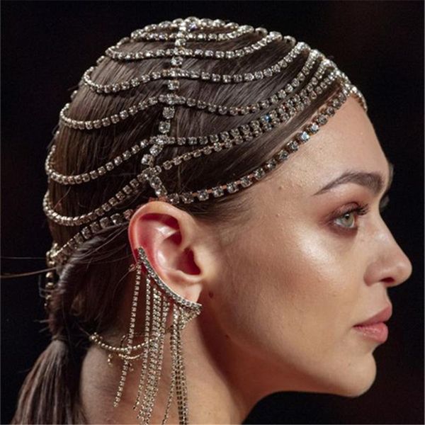 

hair clips & barrettes fashion luxury shiny crystal tassel head chain headdress hat wedding accessories women's rhinestone headdre, Golden;silver