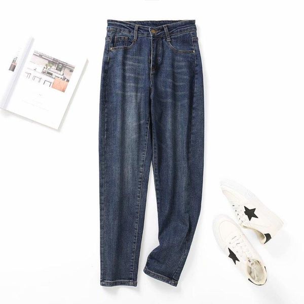 

fashion women yellow hair 8876 winter dark blue high waist elastic harlan fleece jeans women's
