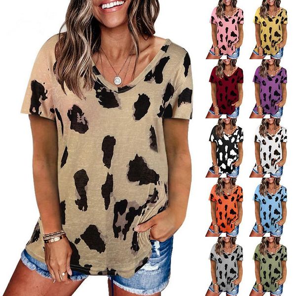 

women 2021 summer t-shirt v-neck leopard print short sleeve shirts loose harajuku ladies casual streetwear women's, White