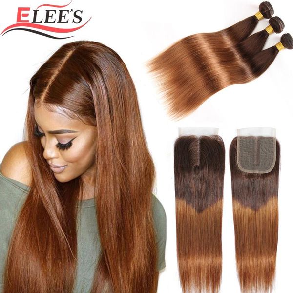 

human hair bulks ombre straight bundles with closure brazilian t lace 4/30 brown colored remy extension, Black