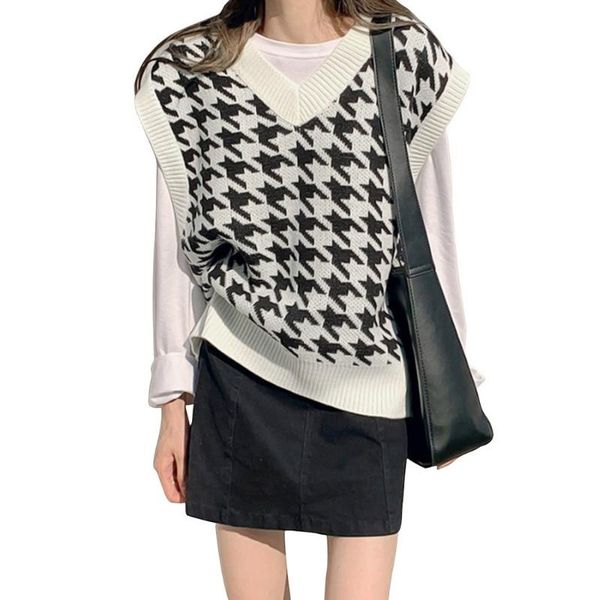 

women's vests women sweater vest autumn houndstooth plaid v-neck sleeveless knitted vintage loose oversized female, Black;white