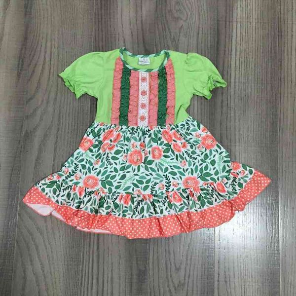 

summer baby girls milk girl dresses silk short sleeve knee length lemon green floral ruffles children clothes cotton kidswear, Red;yellow