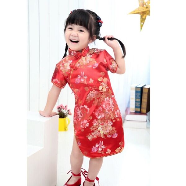 Meninas de verão vestido qipao vestidos chineses de mangas de mangas de mangas de alta qualidade Roupas de meninas florais rosa 2 4 6 8 10 12 14 16 anos 210413