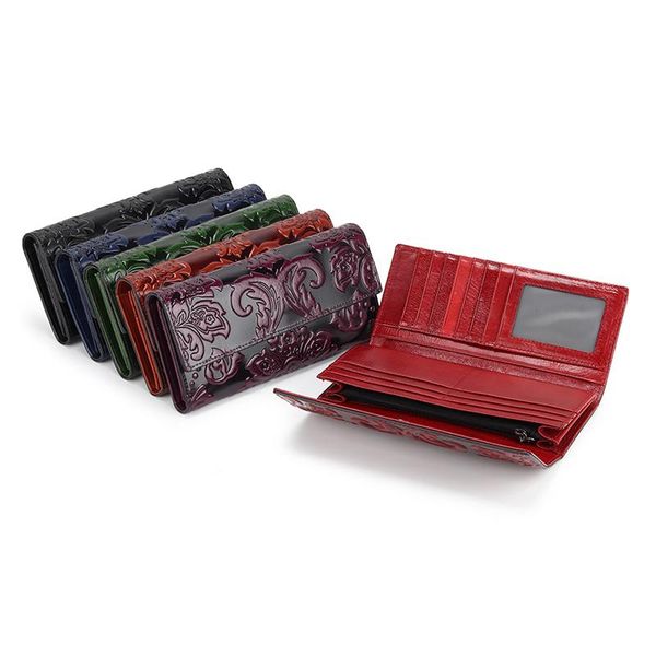 

purple/black 6 colors floral embossing ladies leather wallets fashion genuine wallet women money pocket, Red;black