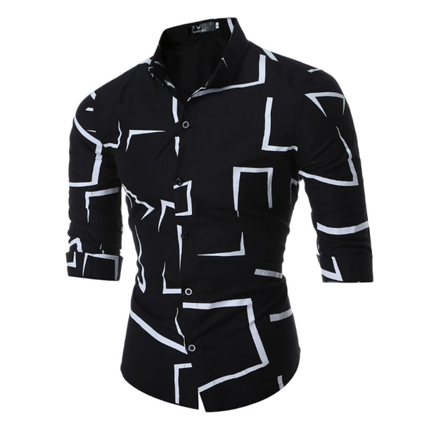 

men's casual shirts 2021 fashion business long sleeved shirt white black navy smart male printing close-fitting social dress top