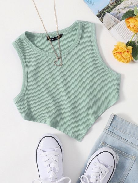 

asymmetrical hem rib-knit crop tank v5b5#, White