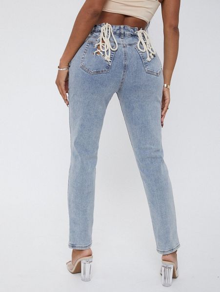 

sxy eyelet lace up knot mom jeans k53s#, Blue