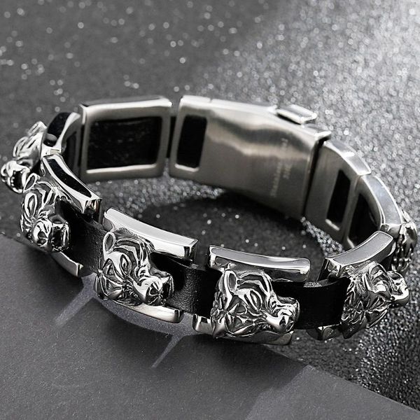 

men's leather bracelets on hand with belt buckle hiphop tiger head male stainless steel bands for men wristbands tennis, Golden;silver