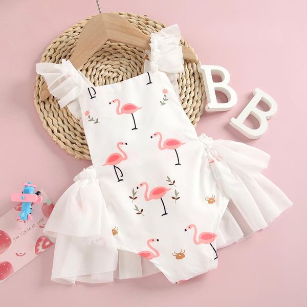 Macacões Princesa Party Bebês Nascido Meninas Romper Tops Lace Flamingo Impresso Mangas Casa Dormindo Crianças Cute Bonito Verão Verão