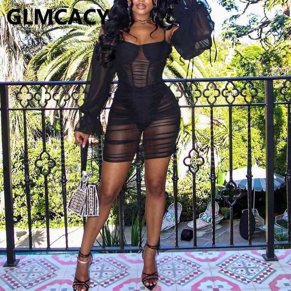 

off shoulder long sleeve mesh see through party club mini dress 210702, Black;gray