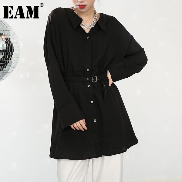 

[eam] women black back bandage pleated bukle dress v-neck long sleeve loose fit fashion spring summer 1u40201 210512, Black;gray