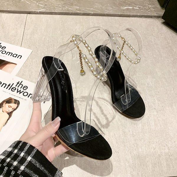 

dress shoes 2021 summer women high heels woman beaded square heel pearl transparent sandals ladies 5cm brand designers wedding pumps, Black
