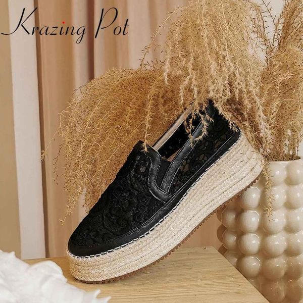 

dress shoes krazing pot 2021 cow leather lace round toe high heels straw thick bottom sunscreen breathable deep mouth spring pumps l90, Black