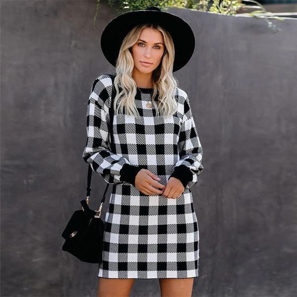 

casual dresses autumn winter plaid knitted dress women long sleeve o neck mini ladies warm knitwear vestidos 2021, Black;gray
