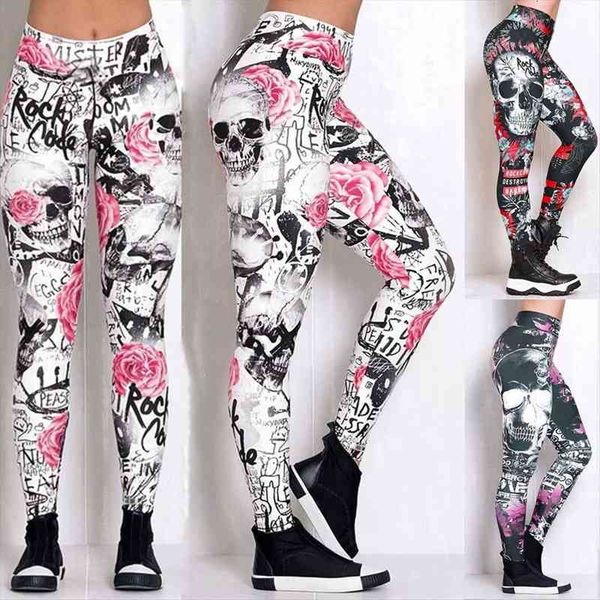 

40 skull printed skinny womens legging high waist sweatpants hip lift pants trousers for female fitness, Black