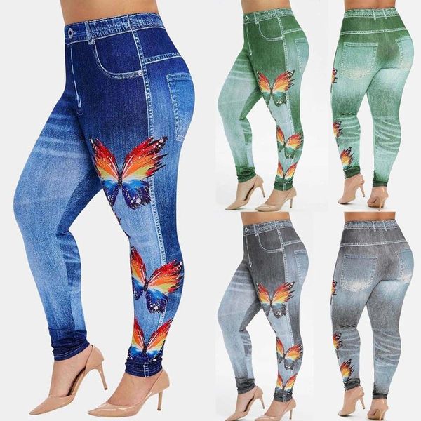 

plus size pants elastic high waist wash pencil casual female jeans women stretch long denim trousers butterfly print, Black