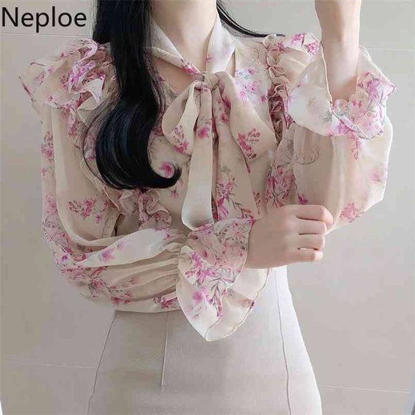 

neploe blusas mujer de moda floral chiffon blouses women flare sleeve sweet ruffles shirts fashion loose blouse 94771 210730, White