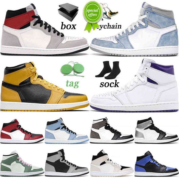 

{chaussures }jumpman 1 1s high basketball shoes hyper royal court purple pollen light smoke grey mens women team orange trainers sneakers 36