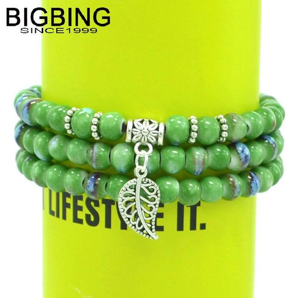 

link, chain bigbing jewelry fashion long wrap green ceramic beads leaf charm bracelet handmade women a087, Black