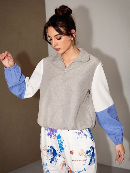 

contrast sleeve half zip jacket p2o3#, Black;brown