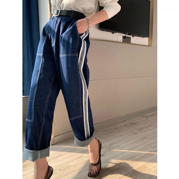 

denim vintage wide leg loose wild straight striped classic fashion trousers high waisted women's jeans, Blue