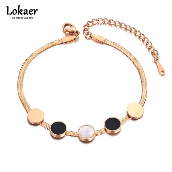 

charm bracelets lokaer stainless steel white/black shell round disc bracelet for women trendy snake chain bohemia party jewelry b21114, Golden;silver