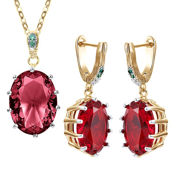 

2pcs sets necklace/earrings pave large oval red zircon gold/silver plating trendy charming fashion jewelry for women