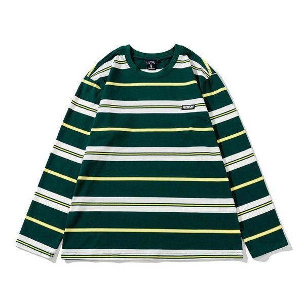 

men's t-shirts retro street rainbow striped t-shirt men women loose cotton long-sleeved couple round neck tee shirts vintage pullovers, White;black