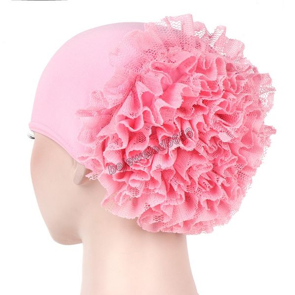 

women solid color big flower milk silk cap lace plate flower hood muslim headgear in stock headband hijabs turban scarf, Blue;gray