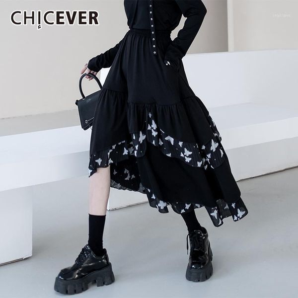 

skirts chicever designer skirt for women high waist patchwork ruffle hit color ruched plus size asymmetrical hem female 2021, Black