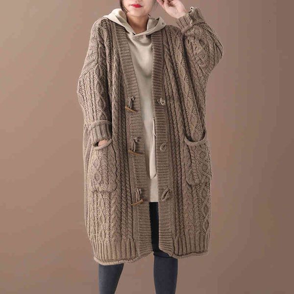 

women's trench coats female autumn and winter plus size korean style outerwear literary horn buckle knit loose sweater cardigan 9r9e, Tan;black