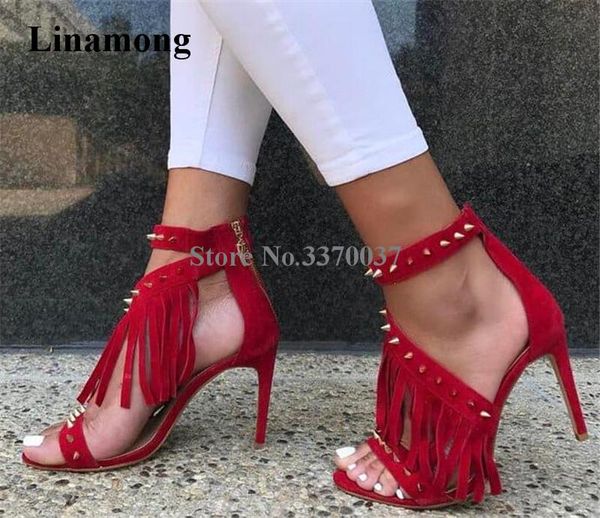 

summer design ladies cute open toe suede leather rivet tassels gladiator sandals red beige back zipper-up high heel, Black