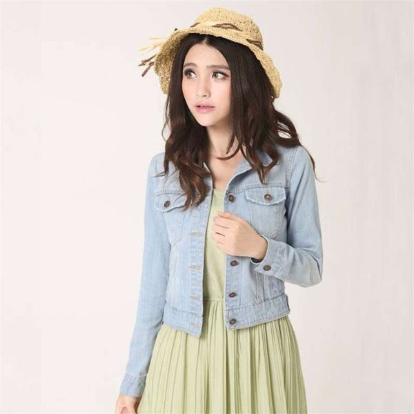 

ly autumn vintage fashion denim coats clothes turn-down collar women crop solid slim long sleeve ladies jackets 62471 210928, Black;brown