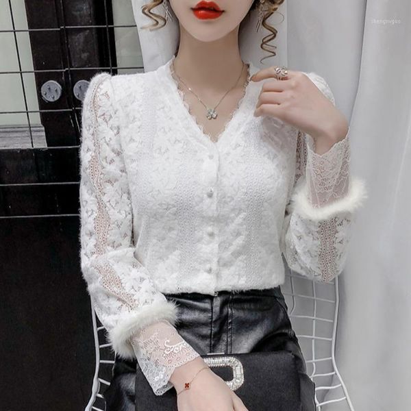 

women's blouses & shirts spring women lace shirt korean fashion long sleeve white streetwear office party blouse elegant lady v neck