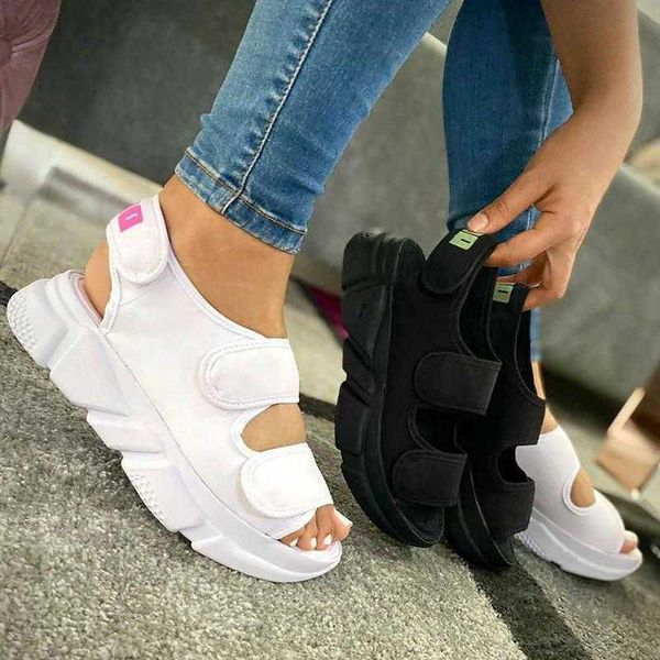 

women sandals wedges hook&loop platform solid color ladies shoes 2021 summer new fashion casual outdoor beach female footwear y0721, Black