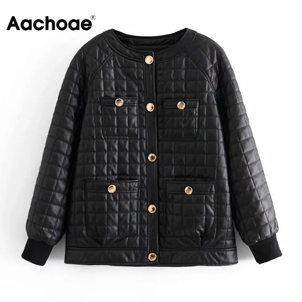 

aachoae black pu faux leather jacket women loose long sleeve pockets coat female o-neck casual outerwear with betal buttons 210413