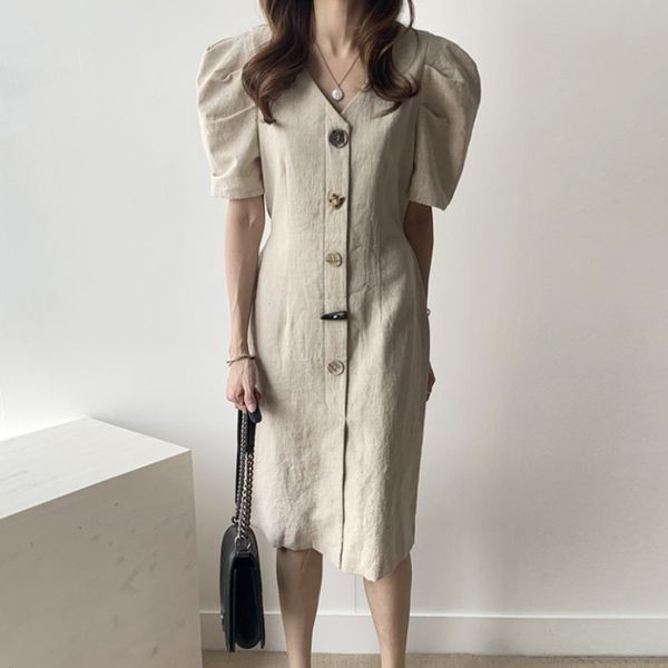 

summer korean elegant temperament cotton linen v-neck chic single-breasted puff sleeve casual party dress female 210518, Black;gray
