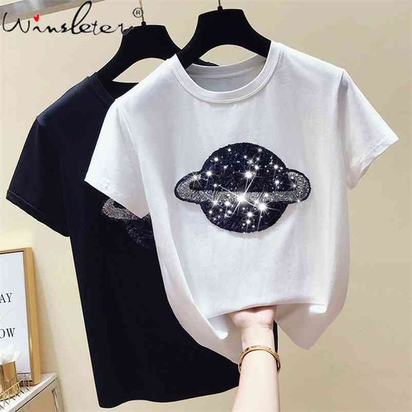 

cotton white tshirt women sequin fashion short sleeve vintage female t-shirt casual black tee shirt femme summer t07402b 210421