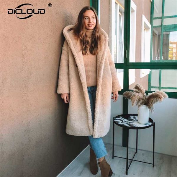 

trendy winter hooded teddy jacket coat women plus size oversized loose faux fur coats thick warm long overcoat fur jackets 211019, Black